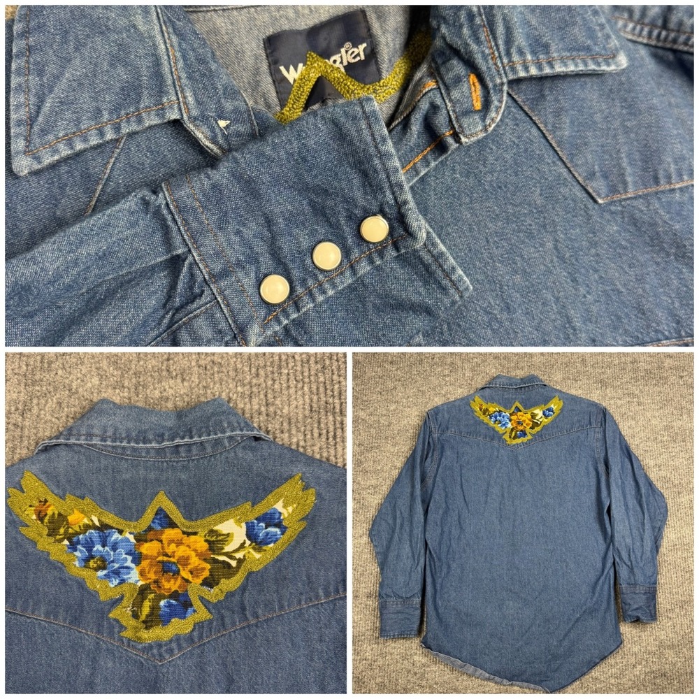 Vtg 90s Wrangler Denim Western‎ Shirt Unisex Pearl Snap Reworked Embroidery
